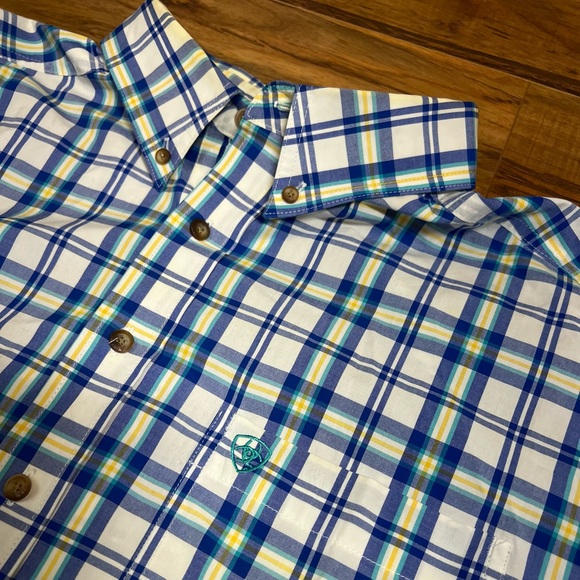 Ariat Pro Short Sleeeve Button down BLUE and yellow check -- XXL - Picture 1 of 11
